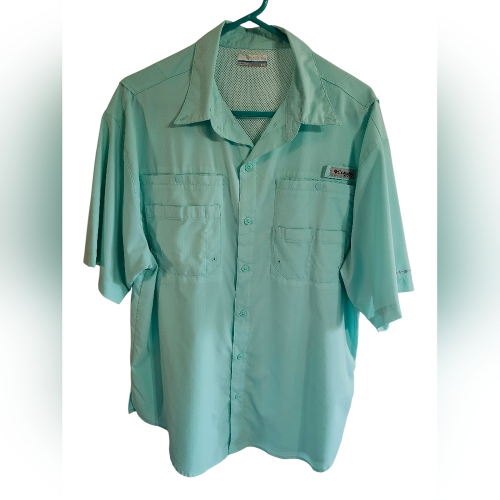 Columbia PFG Omni-Shade Short Sleeve Fishing Shirt Teal Blue Size L Outdoors - Picture 2 of 8